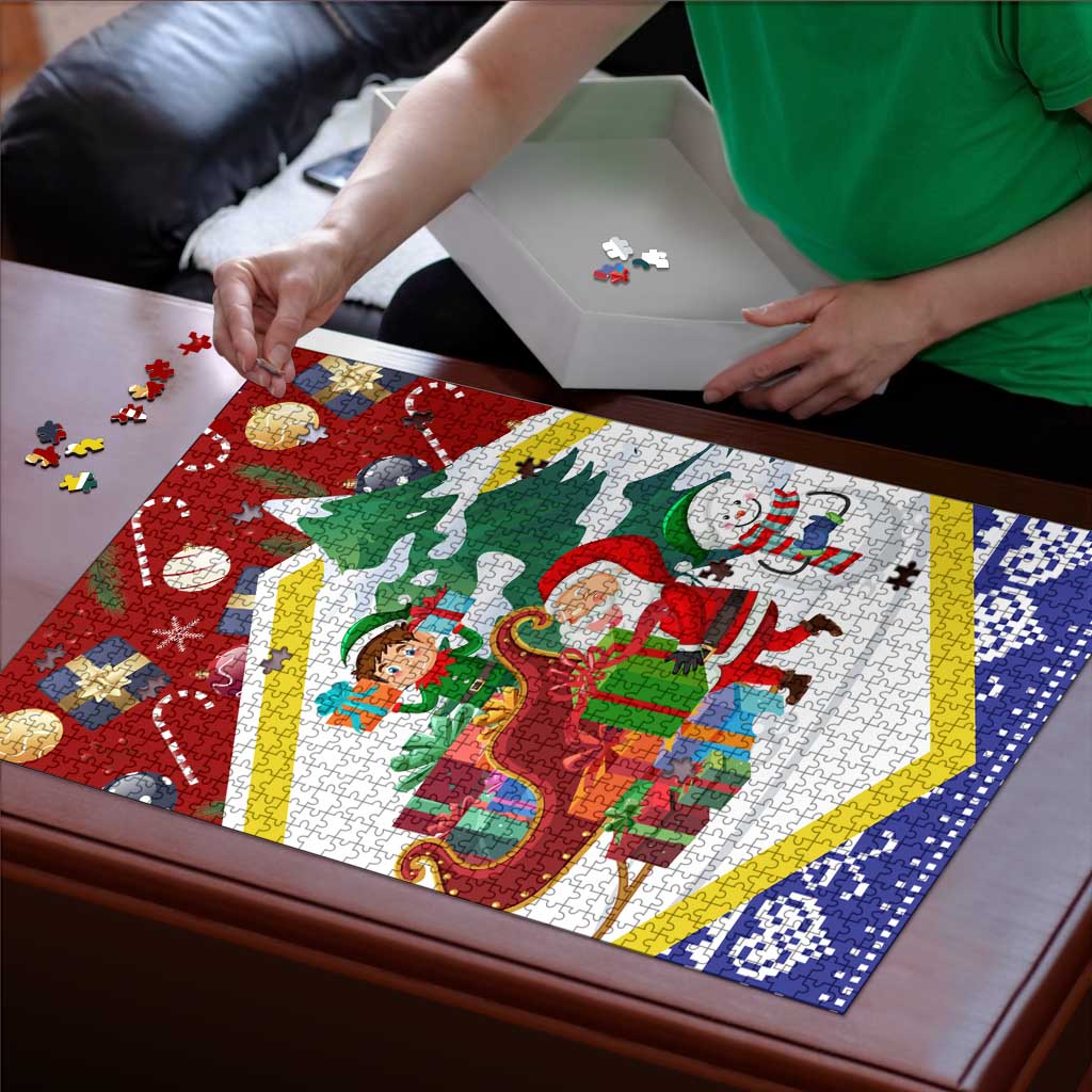 Croatia Christmas Puzzle with Santa Sleigh Presents and Red Checkered Crest - Wonder Print Shop