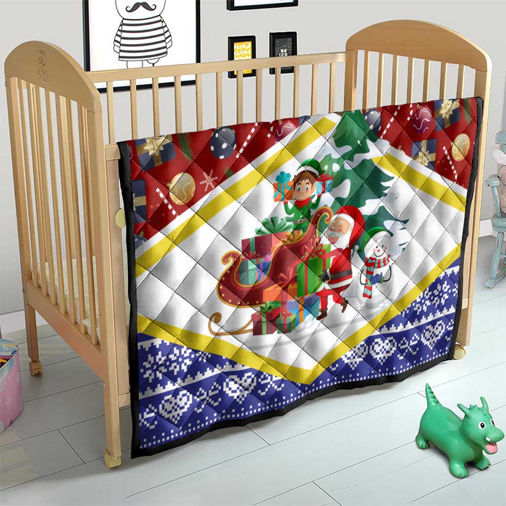 Croatia Christmas Quilt with Santa Sleigh Presents and Red Checkered Crest - Wonder Print Shop