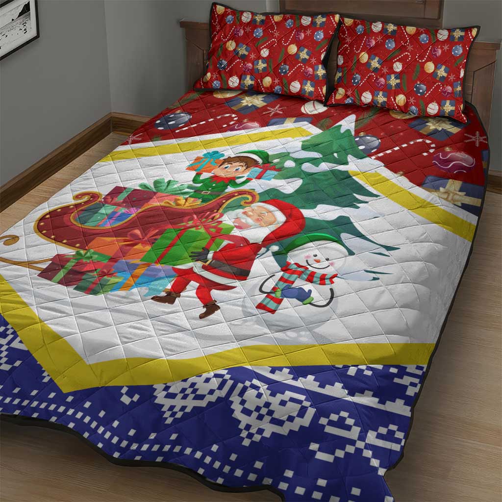 Croatia Christmas Quilt Bed Set with Santa Sleigh Presents and Red Checkered Crest - Wonder Print Shop