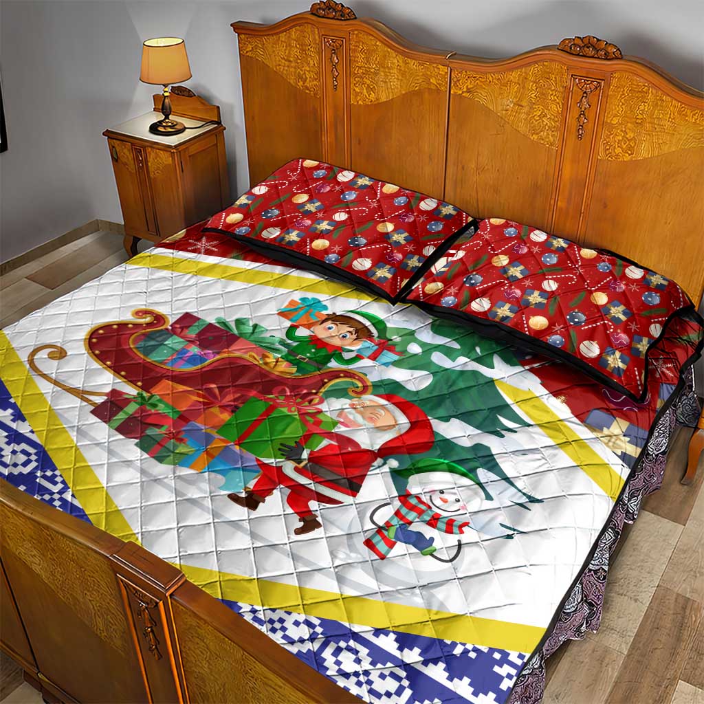 Croatia Christmas Quilt Bed Set with Santa Sleigh Presents and Red Checkered Crest - Wonder Print Shop
