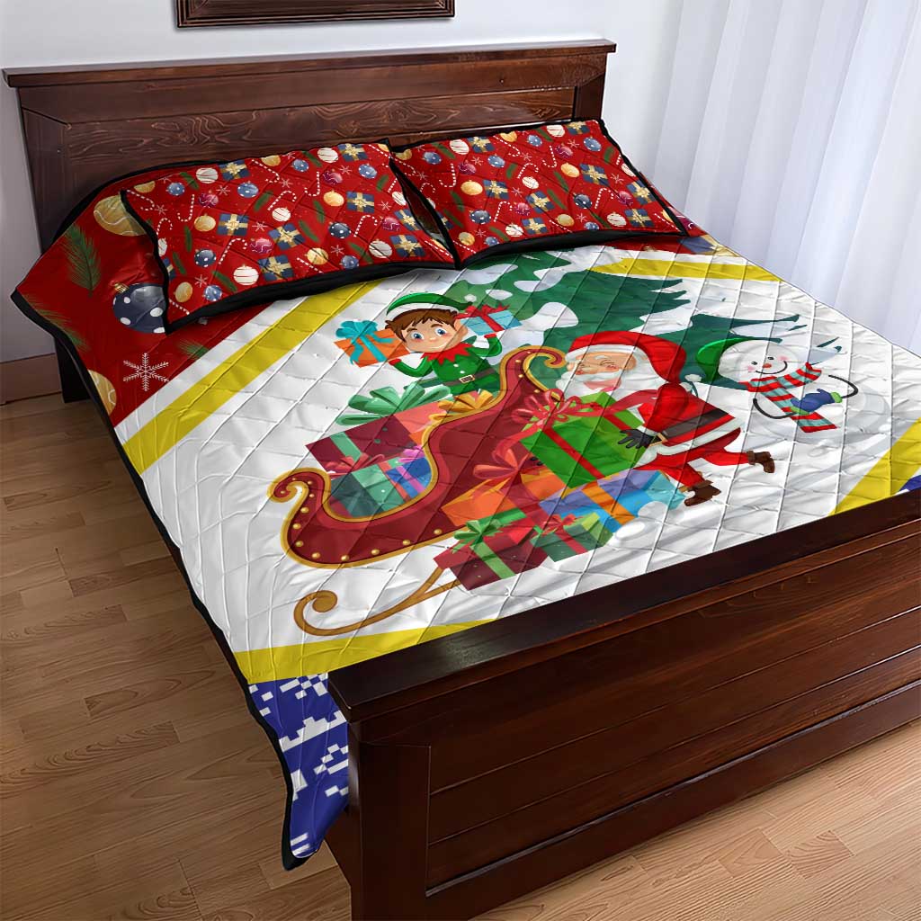 Croatia Christmas Quilt Bed Set with Santa Sleigh Presents and Red Checkered Crest - Wonder Print Shop