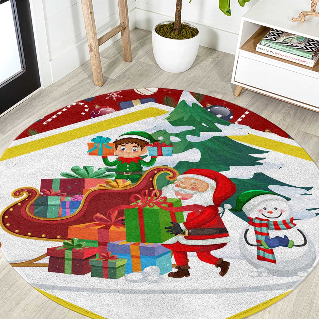 Croatia Christmas Round Carpet with Santa Sleigh Presents and Red Checkered Crest - Wonder Print Shop