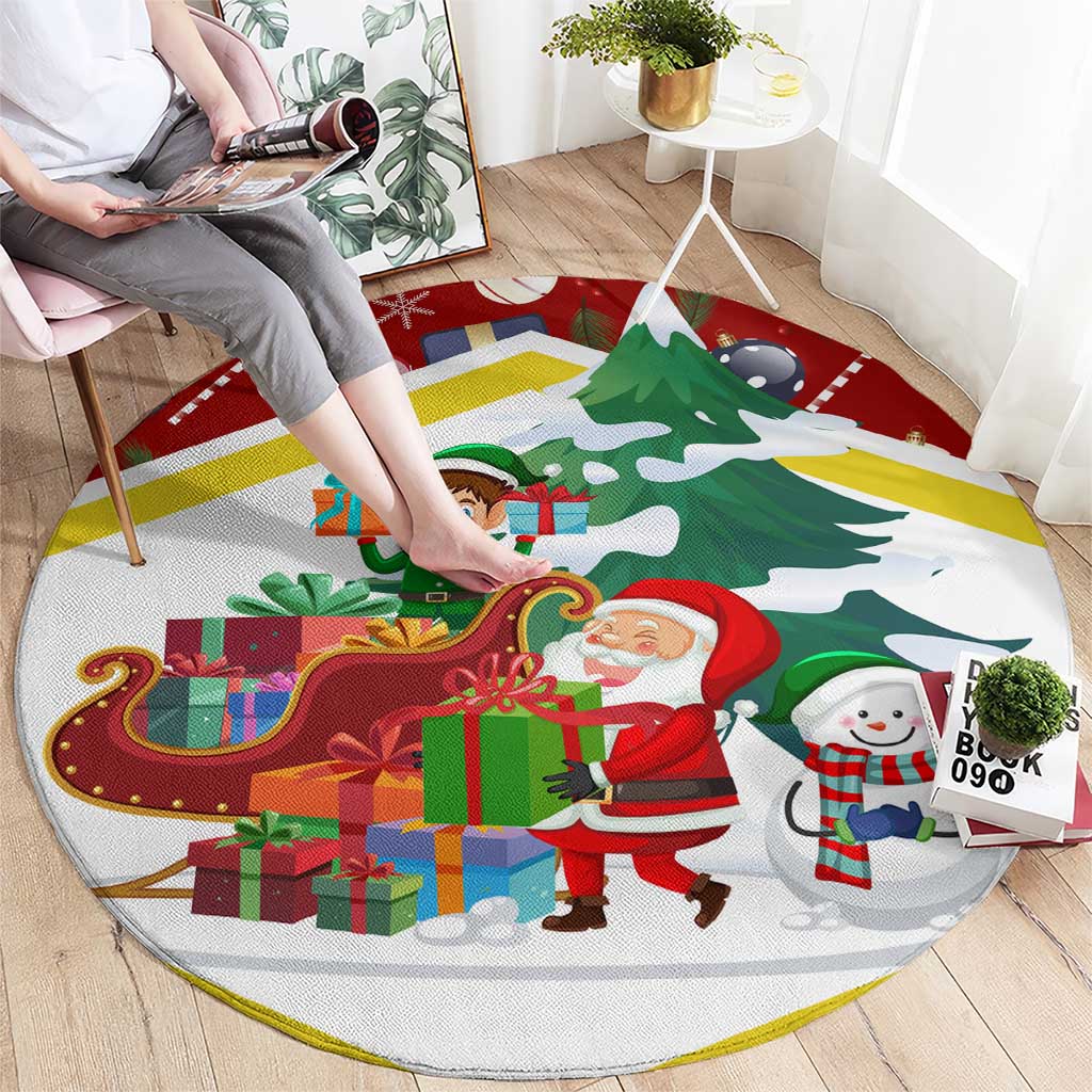 Croatia Christmas Round Carpet with Santa Sleigh Presents and Red Checkered Crest - Wonder Print Shop