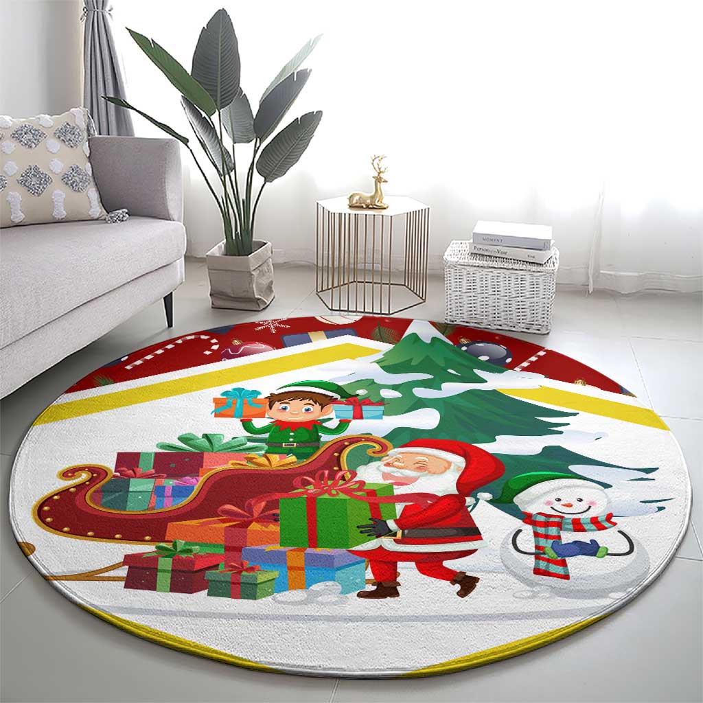Croatia Christmas Round Carpet with Santa Sleigh Presents and Red Checkered Crest - Wonder Print Shop