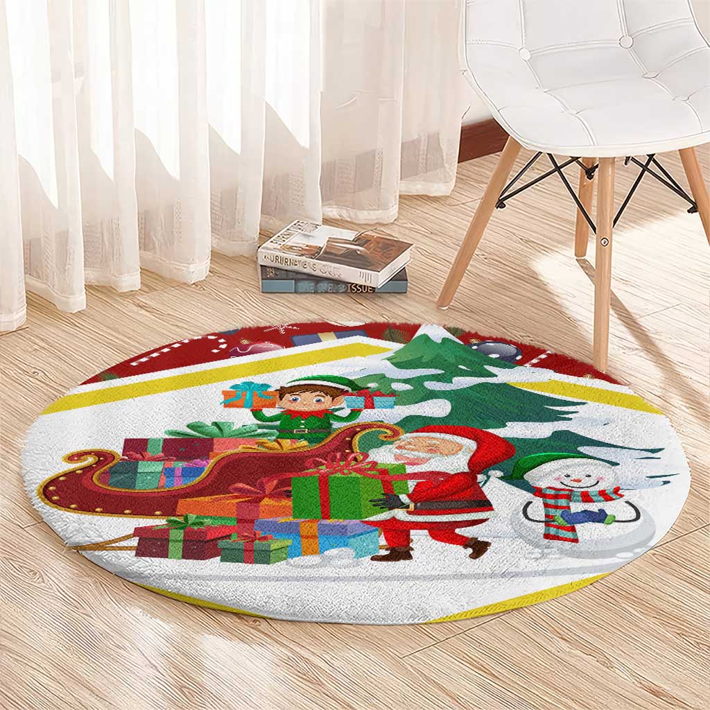 Croatia Christmas Round Carpet with Santa Sleigh Presents and Red Checkered Crest - Wonder Print Shop