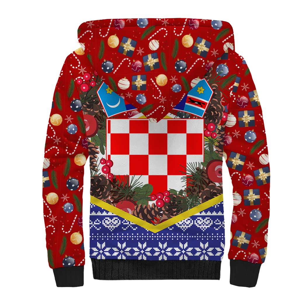 Croatia Christmas Sherpa Hoodie with Santa Sleigh Presents and Red Checkered Crest - Wonder Print Shop