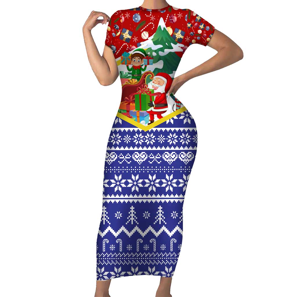 Croatia Christmas Short Sleeve Bodycon Dress with Santa Sleigh Presents and Red Checkered Crest - Wonder Print Shop