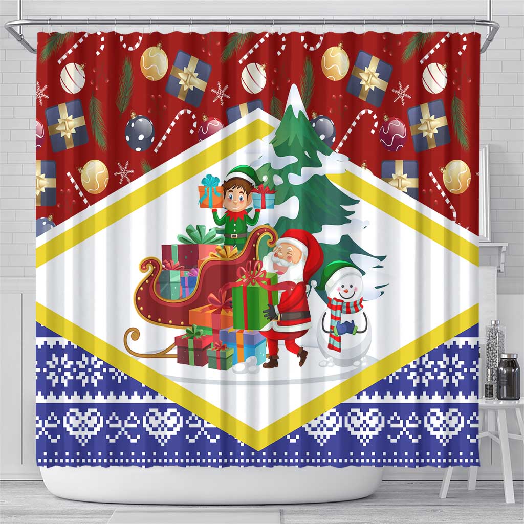 Croatia Christmas Shower Curtain with Santa Sleigh Presents and Red Checkered Crest - Wonder Print Shop