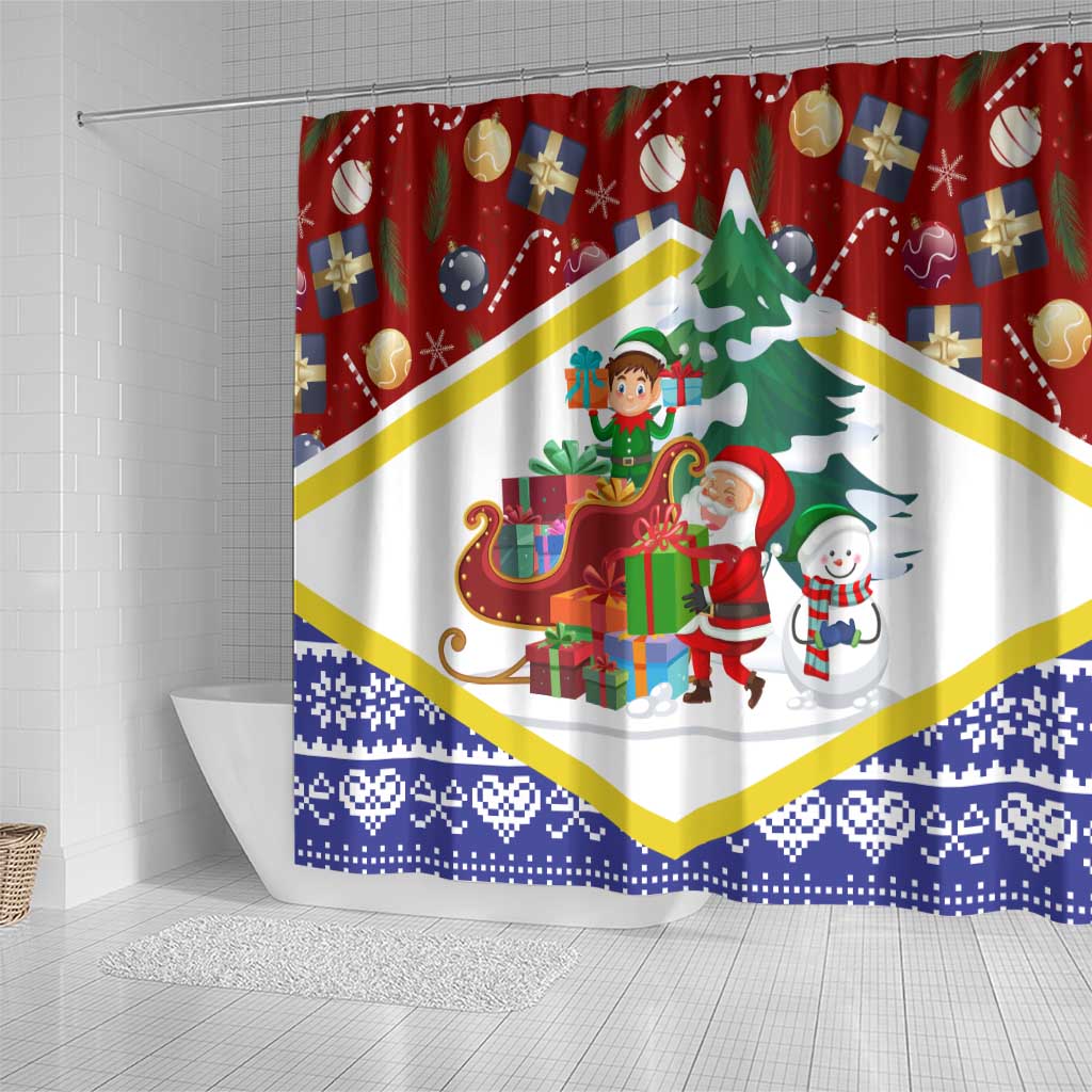Croatia Christmas Shower Curtain with Santa Sleigh Presents and Red Checkered Crest - Wonder Print Shop