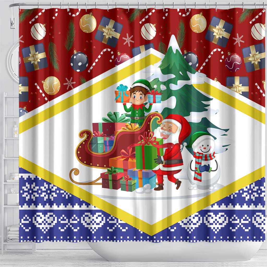 Croatia Christmas Shower Curtain with Santa Sleigh Presents and Red Checkered Crest - Wonder Print Shop