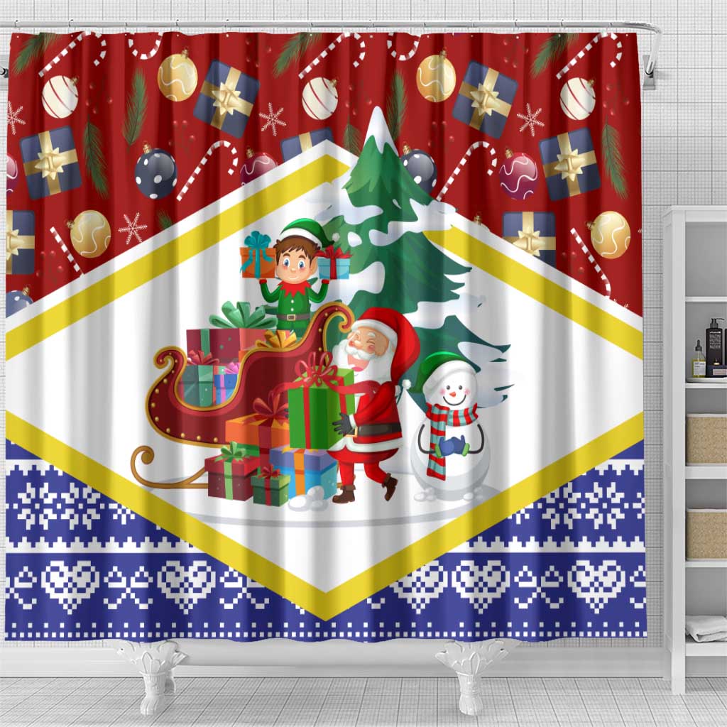 Croatia Christmas Shower Curtain with Santa Sleigh Presents and Red Checkered Crest - Wonder Print Shop