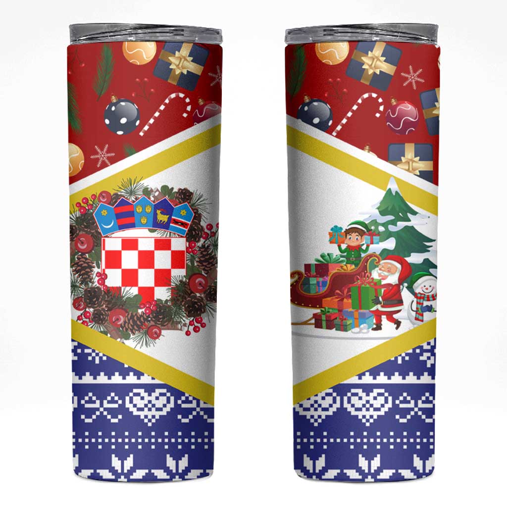 Croatia Christmas Skinny Tumbler with Santa Sleigh Presents and Red Checkered Crest - Wonder Print Shop
