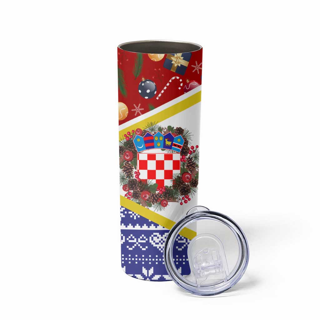 Croatia Christmas Skinny Tumbler with Santa Sleigh Presents and Red Checkered Crest - Wonder Print Shop