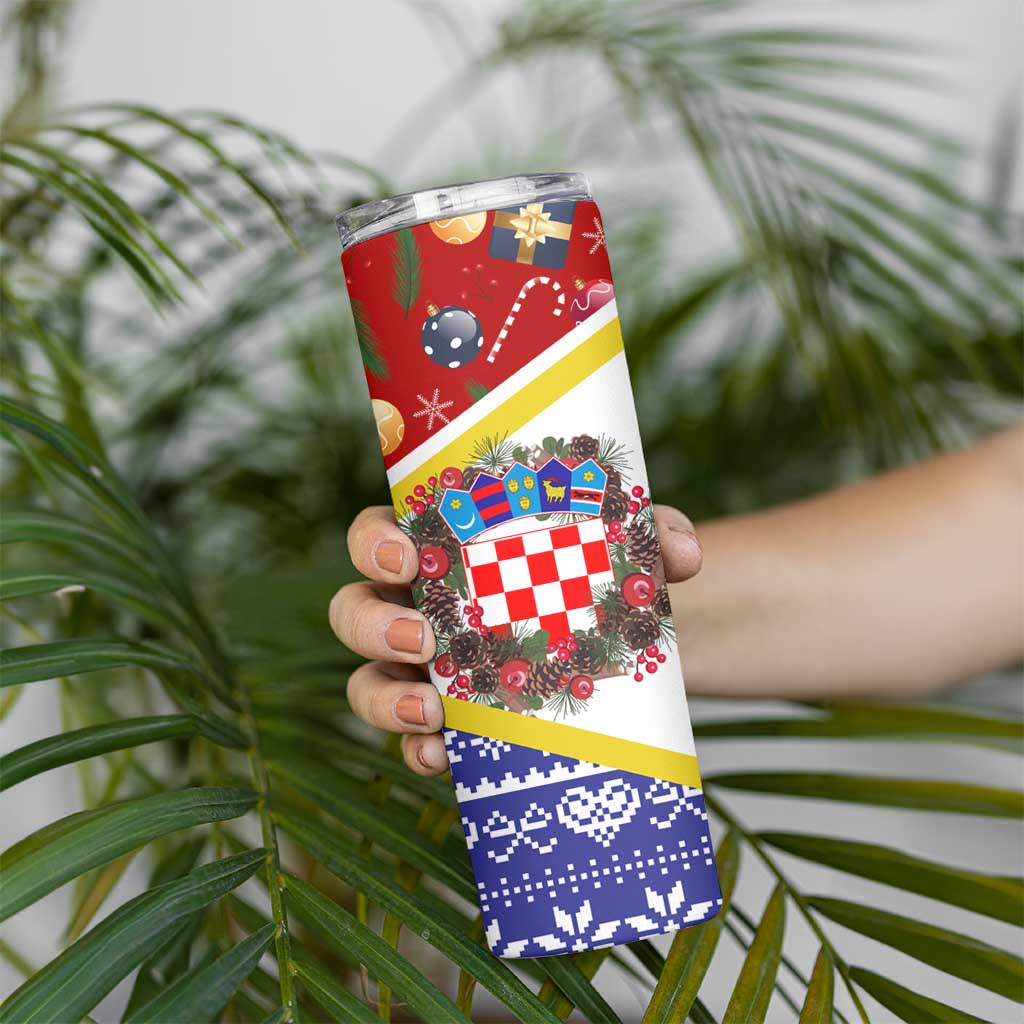 Croatia Christmas Skinny Tumbler with Santa Sleigh Presents and Red Checkered Crest - Wonder Print Shop
