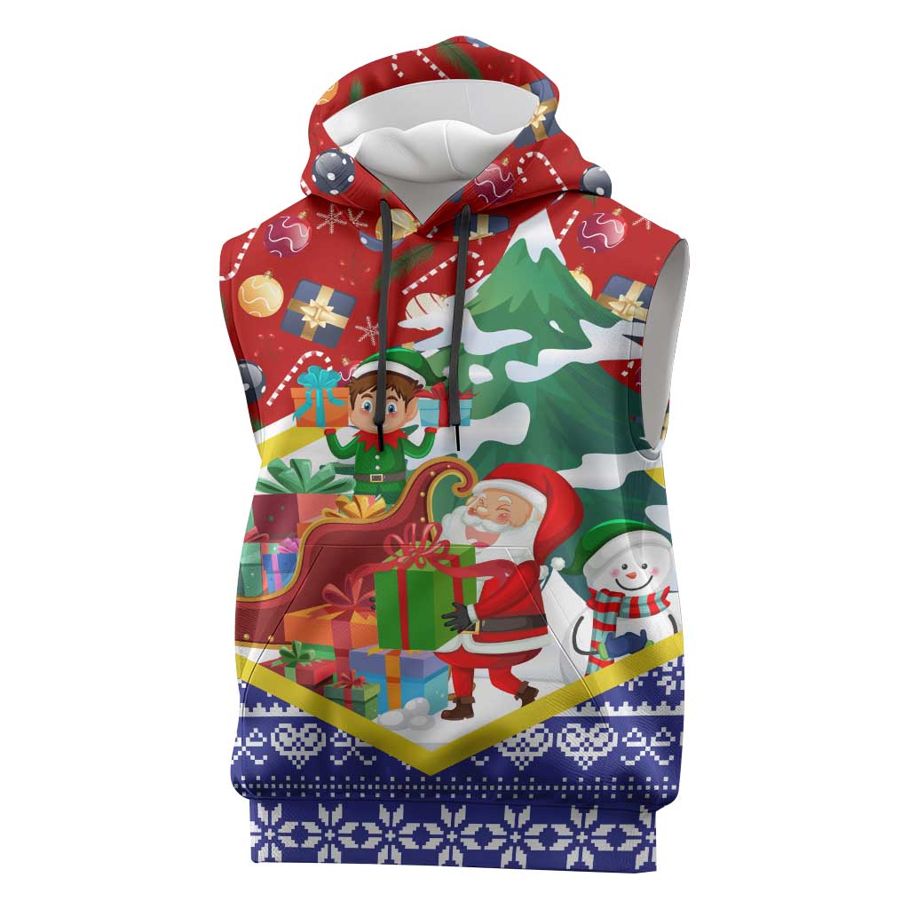 Croatia Christmas Sleeveless Hoodie with Santa Sleigh Presents and Red Checkered Crest - Wonder Print Shop