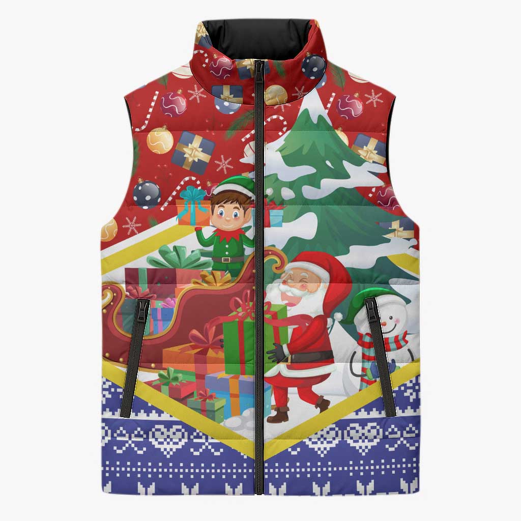 Croatia Christmas Sleeveless Puffer Jacket with Santa Sleigh Presents and Red Checkered Crest - Wonder Print Shop
