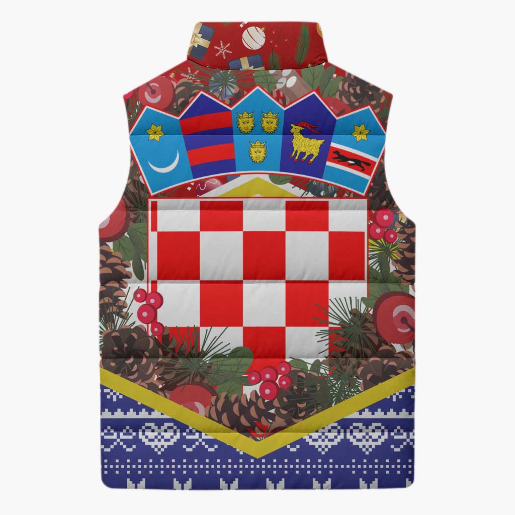 Croatia Christmas Sleeveless Puffer Jacket with Santa Sleigh Presents and Red Checkered Crest - Wonder Print Shop