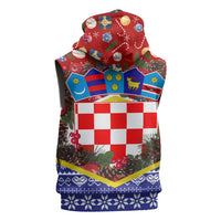 Croatia Christmas Sleeveless Zip Hoodie with Santa Sleigh Presents and Red Checkered Crest - Wonder Print Shop