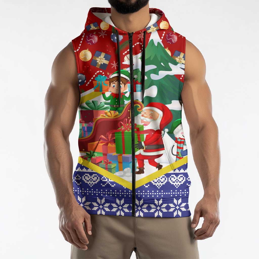 Croatia Christmas Sleeveless Zip Hoodie with Santa Sleigh Presents and Red Checkered Crest - Wonder Print Shop