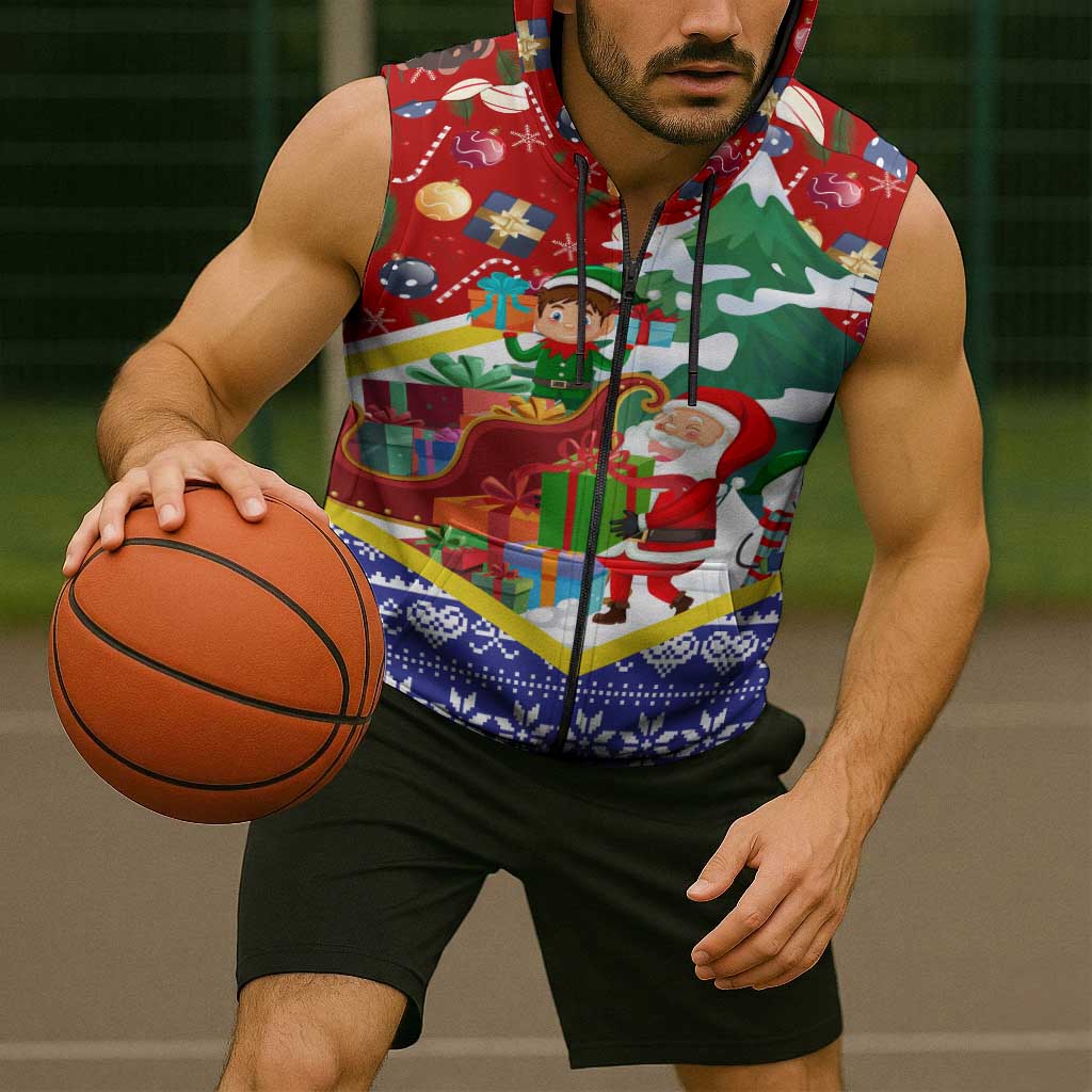 Croatia Christmas Sleeveless Zip Hoodie with Santa Sleigh Presents and Red Checkered Crest - Wonder Print Shop