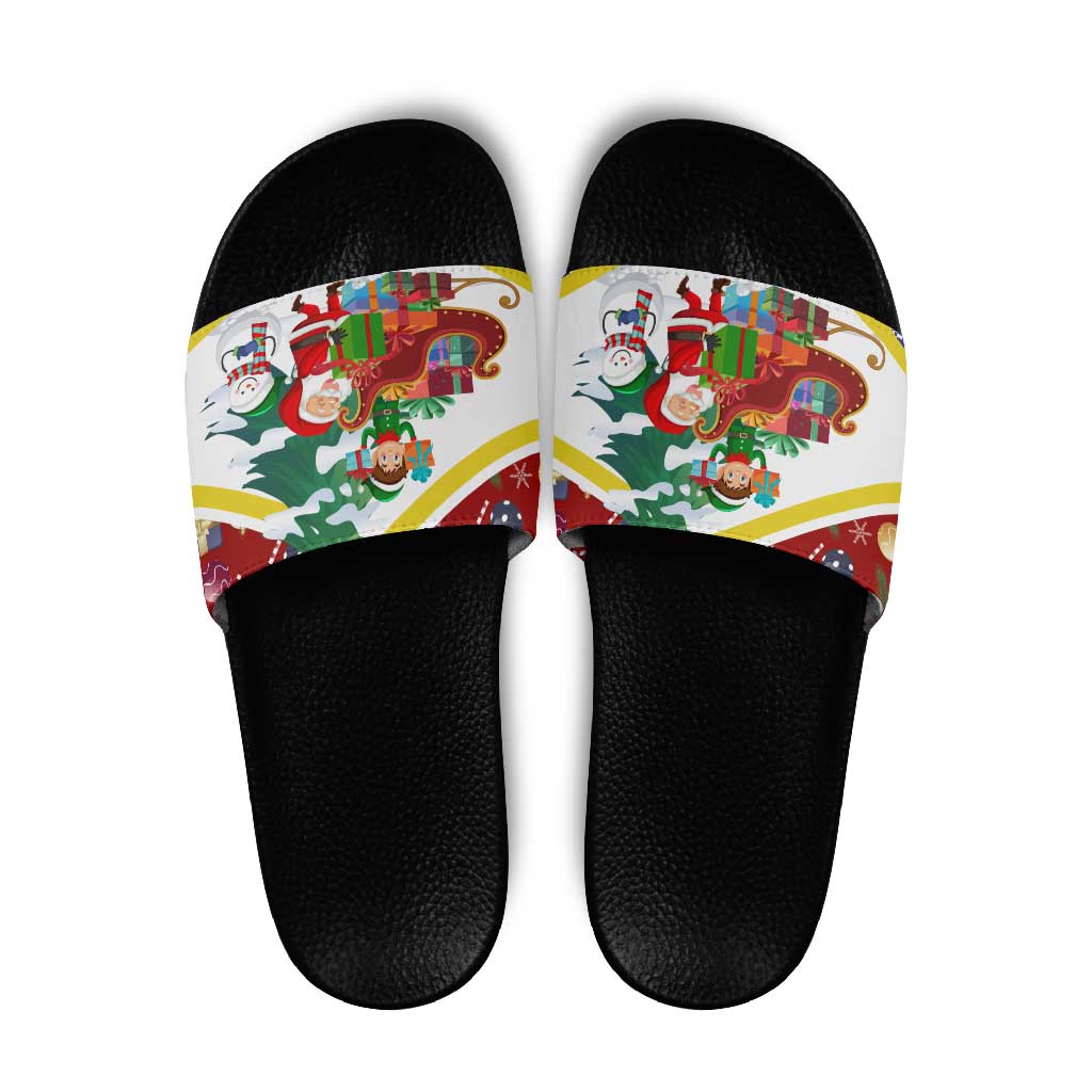 Croatia Christmas Slide Sandals with Santa Sleigh Presents and Red Checkered Crest - Wonder Print Shop