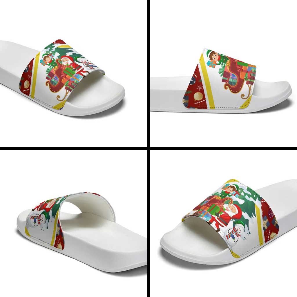 Croatia Christmas Slide Sandals with Santa Sleigh Presents and Red Checkered Crest - Wonder Print Shop