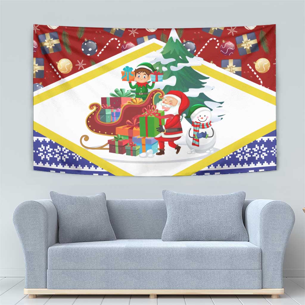 Croatia Christmas Tapestry with Santa Sleigh Presents and Red Checkered Crest - Wonder Print Shop