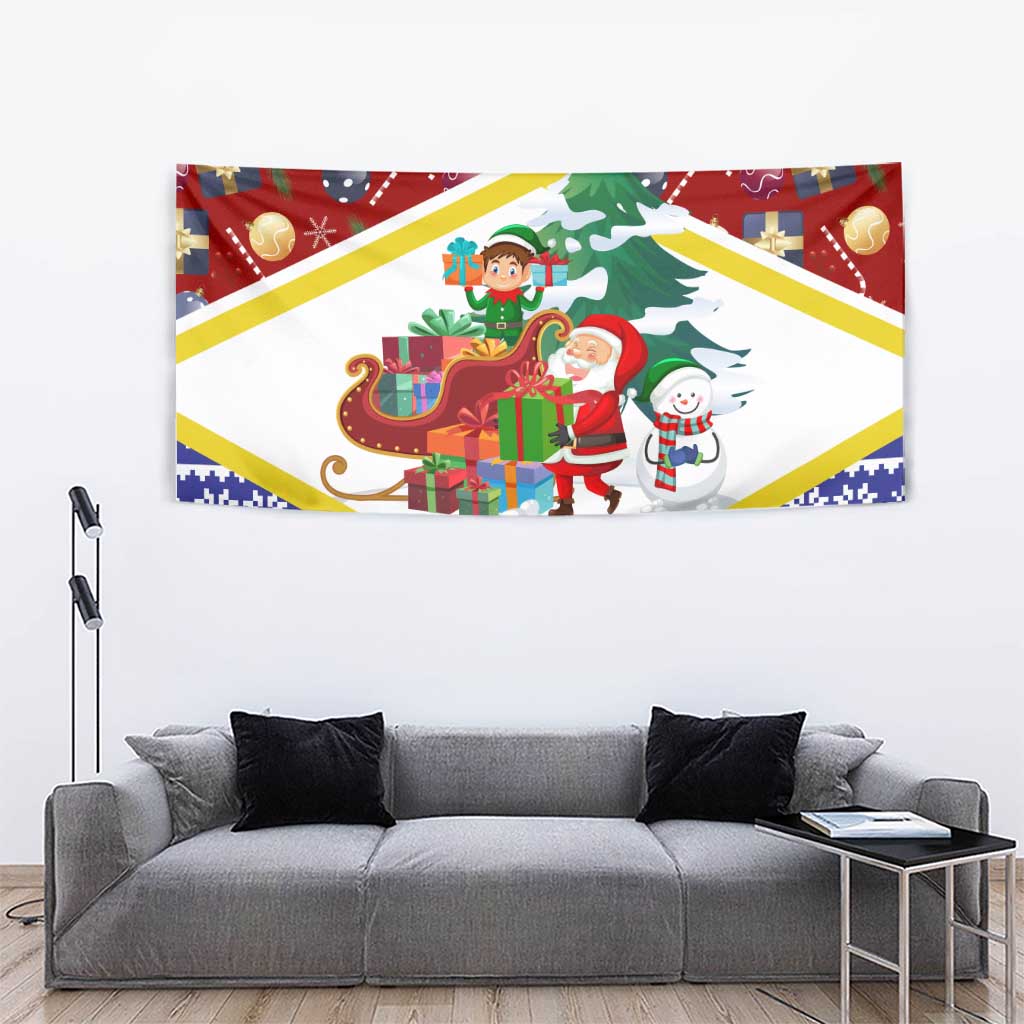 Croatia Christmas Tapestry with Santa Sleigh Presents and Red Checkered Crest - Wonder Print Shop