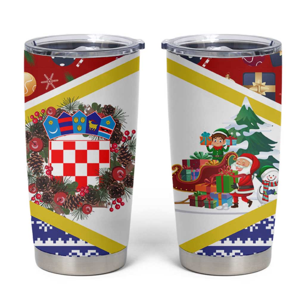 Croatia Christmas Tumbler Cup with Santa Sleigh Presents and Red Checkered Crest - Wonder Print Shop