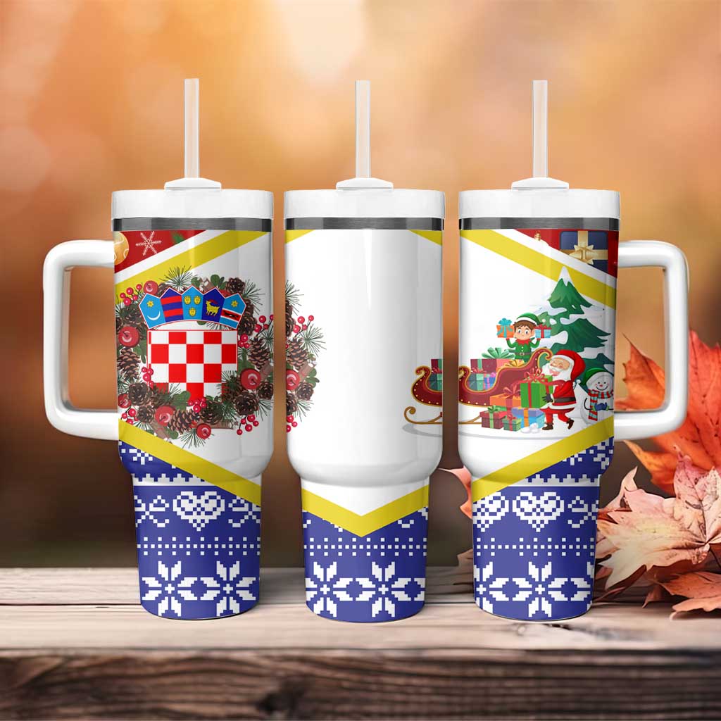 Croatia Christmas Tumbler With Handle with Santa Sleigh Presents and Red Checkered Crest - Wonder Print Shop