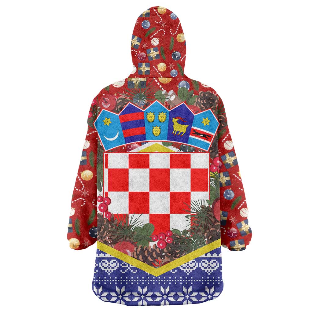 Croatia Christmas Wearable Blanket Hoodie with Santa Sleigh Presents and Red Checkered Crest - Wonder Print Shop