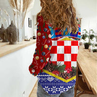 Croatia Christmas Women Casual Shirt with Santa Sleigh Presents and Red Checkered Crest - Wonder Print Shop