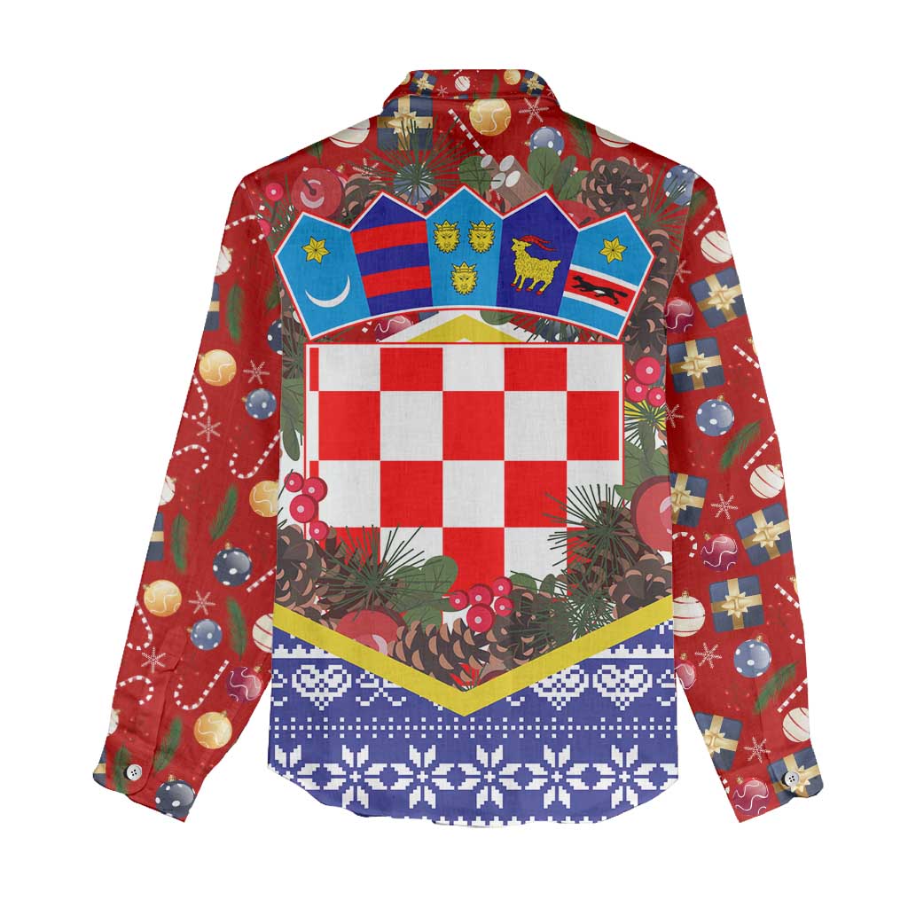 Croatia Christmas Women Casual Shirt with Santa Sleigh Presents and Red Checkered Crest - Wonder Print Shop