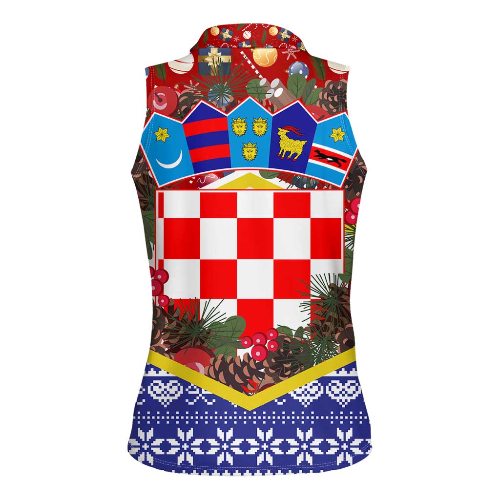 Croatia Christmas Women Sleeveless Polo Shirt with Santa Sleigh Presents and Red Checkered Crest - Wonder Print Shop