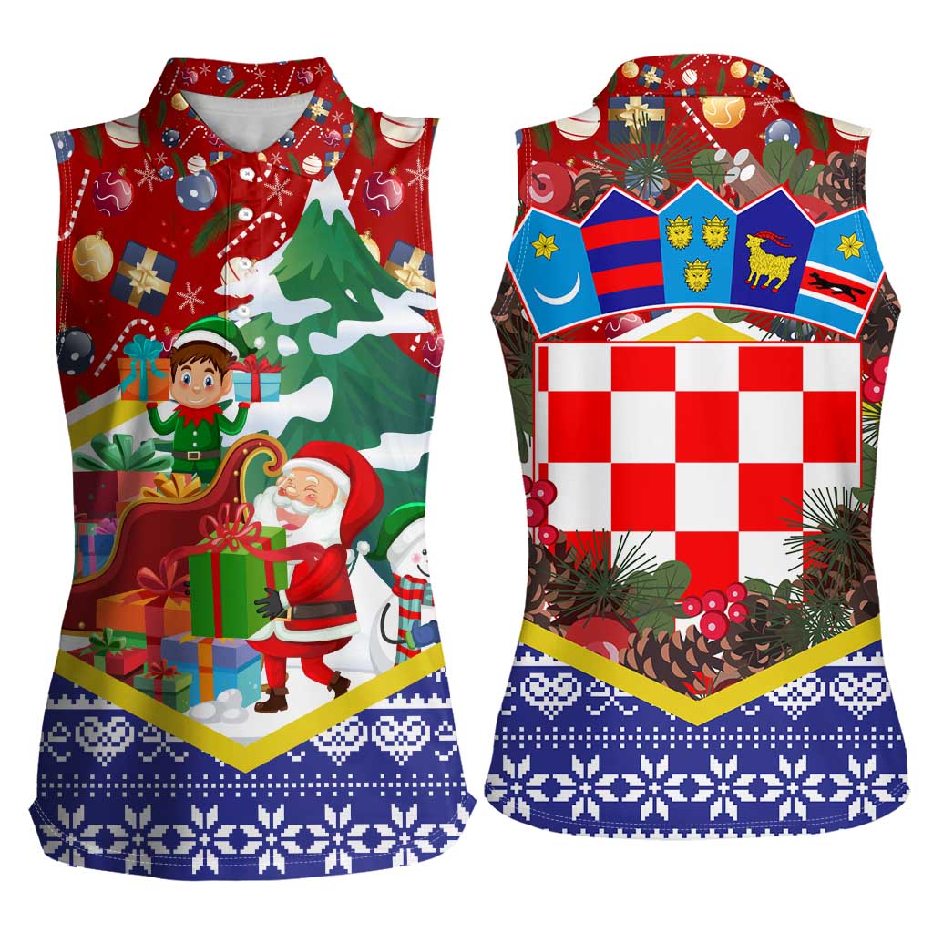 Croatia Christmas Women Sleeveless Polo Shirt with Santa Sleigh Presents and Red Checkered Crest - Wonder Print Shop