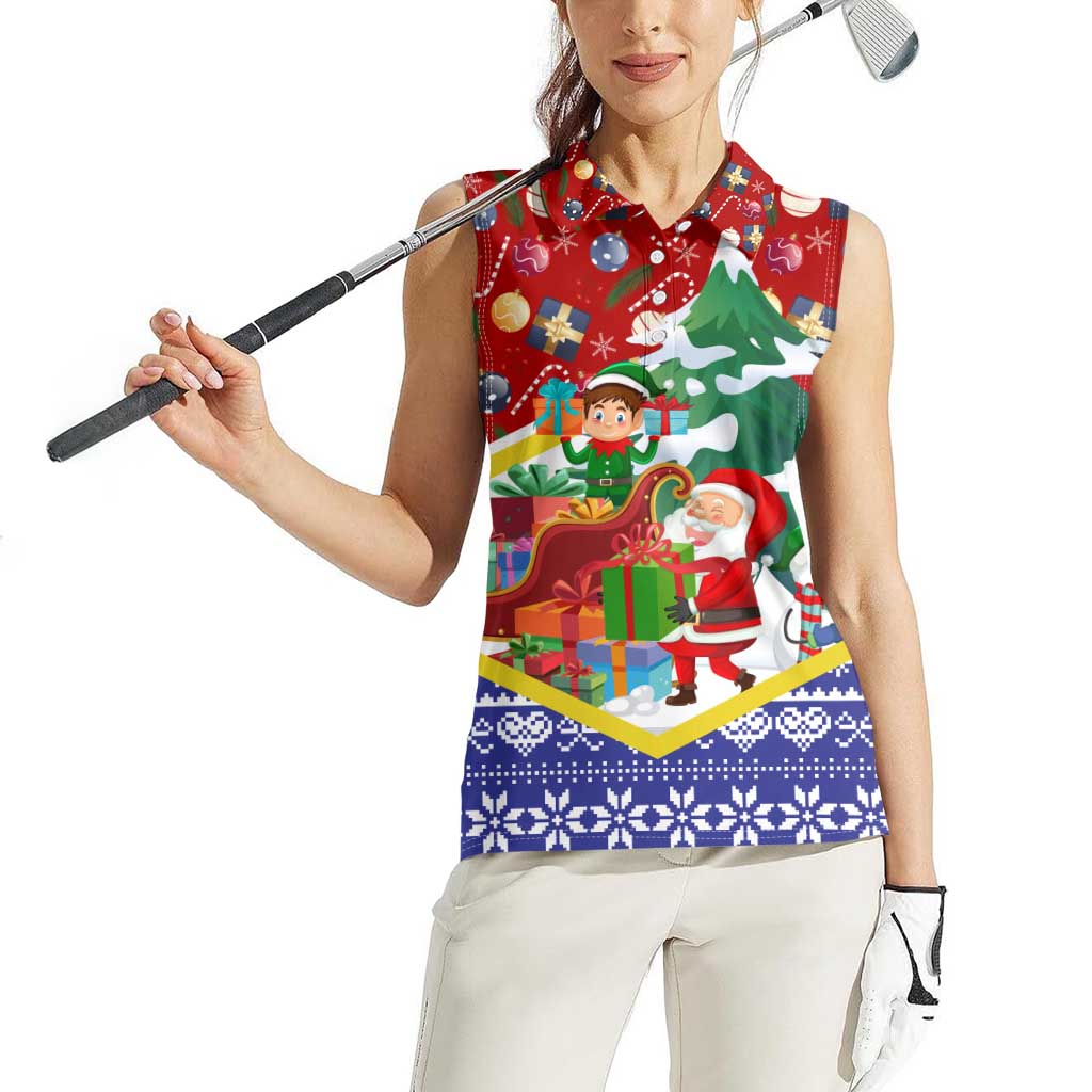 Croatia Christmas Women Sleeveless Polo Shirt with Santa Sleigh Presents and Red Checkered Crest - Wonder Print Shop