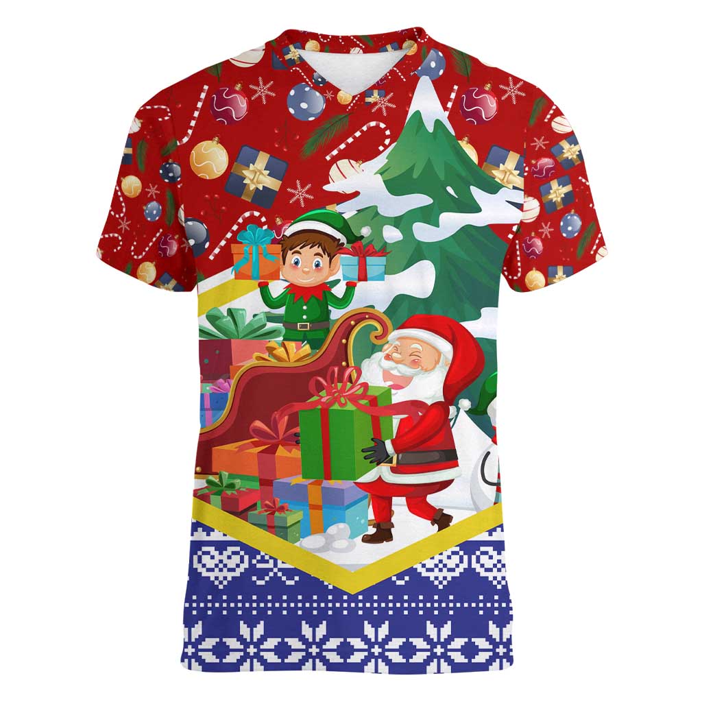 Croatia Christmas Women V-Neck T-Shirt with Santa Sleigh Presents and Red Checkered Crest - Wonder Print Shop