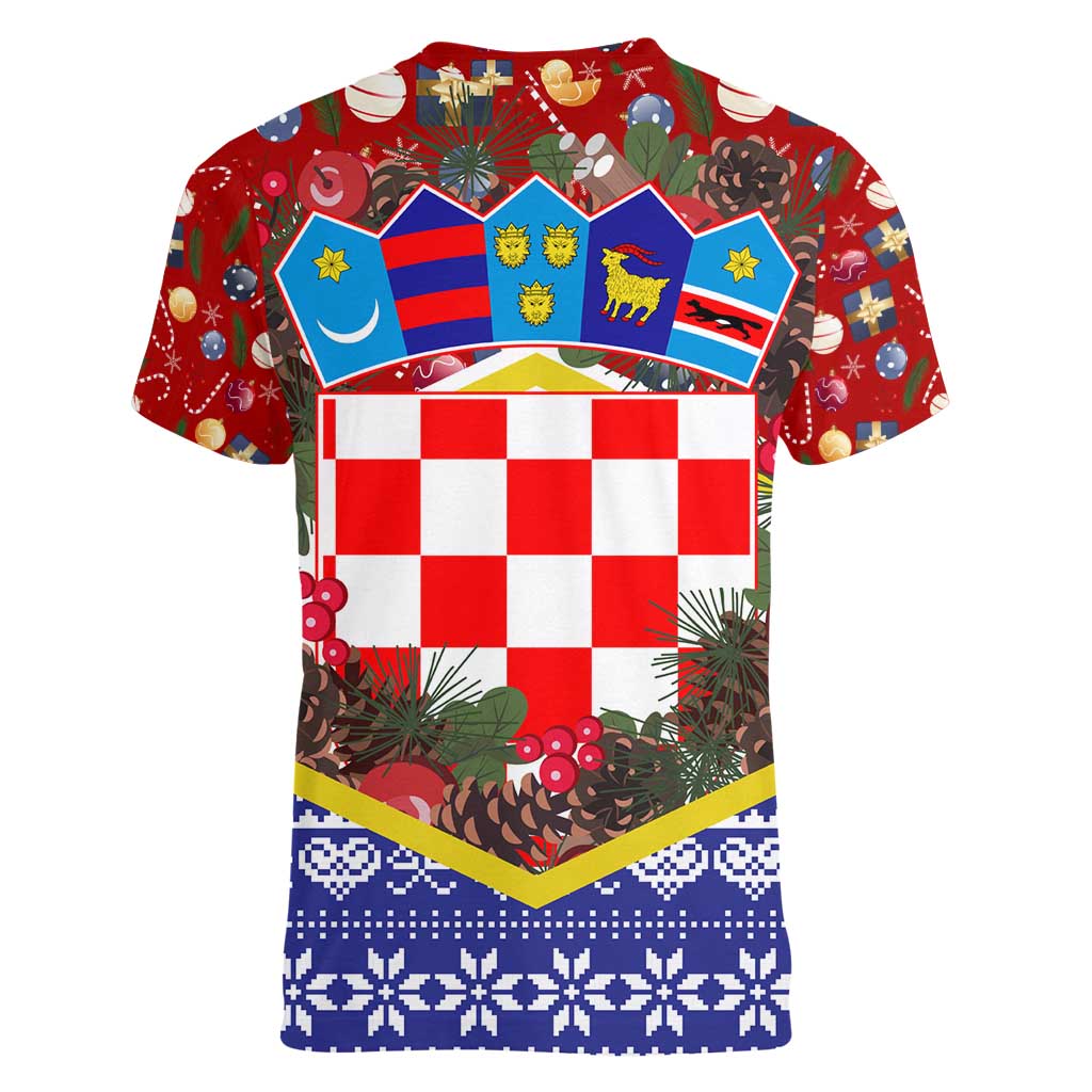 Croatia Christmas Women V-Neck T-Shirt with Santa Sleigh Presents and Red Checkered Crest - Wonder Print Shop