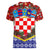 Croatia Christmas Women V-Neck T-Shirt with Santa Sleigh Presents and Red Checkered Crest - Wonder Print Shop