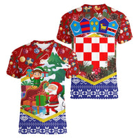 Croatia Christmas Women V-Neck T-Shirt with Santa Sleigh Presents and Red Checkered Crest - Wonder Print Shop