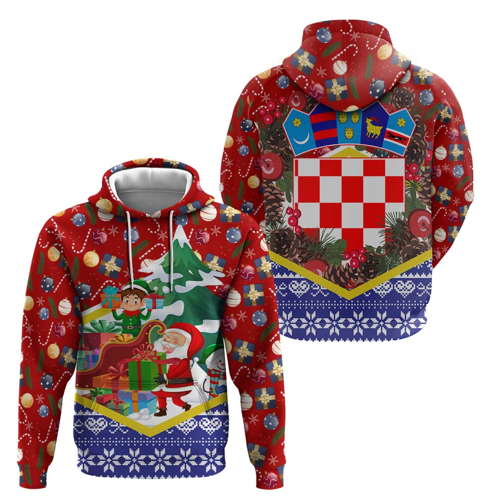 Croatia Christmas Zip Hoodie with Santa Sleigh Presents and Red Checkered Crest - Wonder Print Shop