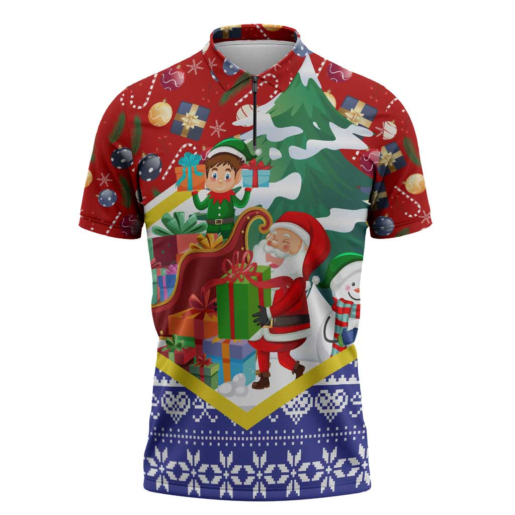 Croatia Christmas Zipper Polo Shirt with Santa Sleigh Presents and Red Checkered Crest - Wonder Print Shop