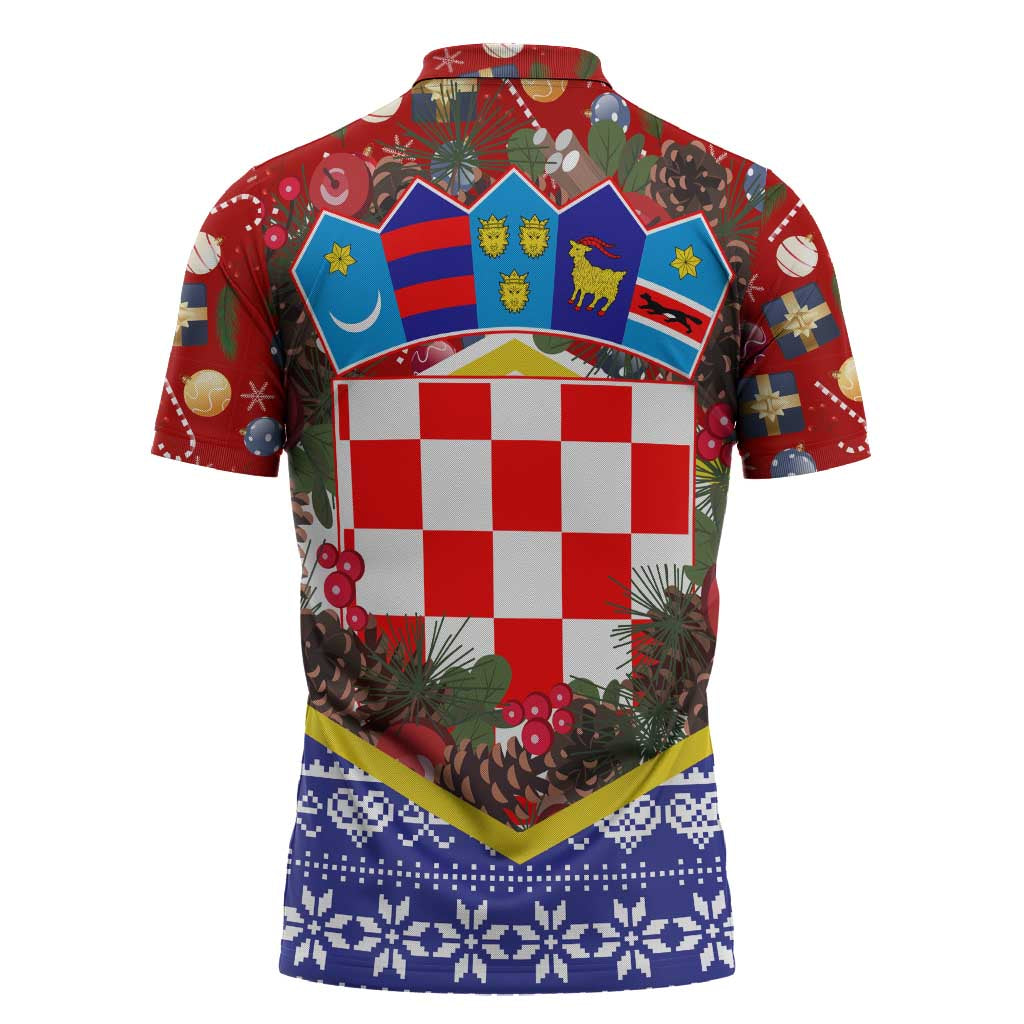 Croatia Christmas Zipper Polo Shirt with Santa Sleigh Presents and Red Checkered Crest - Wonder Print Shop