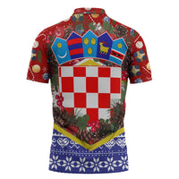 Croatia Christmas Zipper Polo Shirt with Santa Sleigh Presents and Red Checkered Crest - Wonder Print Shop