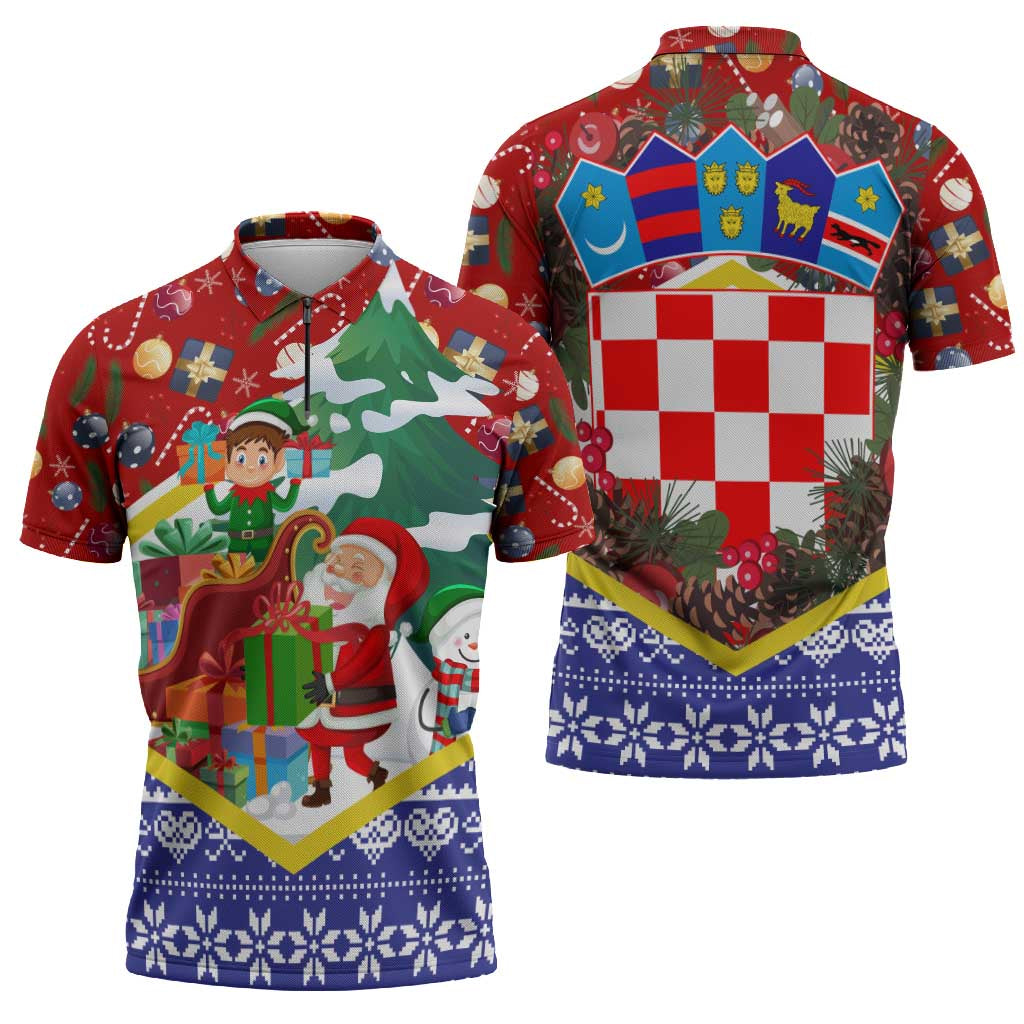 Croatia Christmas Zipper Polo Shirt with Santa Sleigh Presents and Red Checkered Crest - Wonder Print Shop