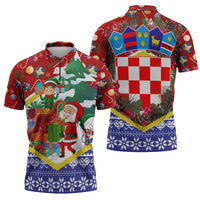 Croatia Christmas Zipper Polo Shirt with Santa Sleigh Presents and Red Checkered Crest - Wonder Print Shop