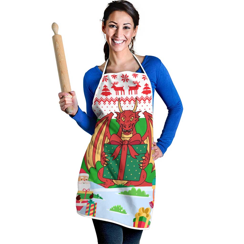 Wales Christmas Apron with Red Dragon Gift and Holiday Crest Snow Scene - Wonder Print Shop