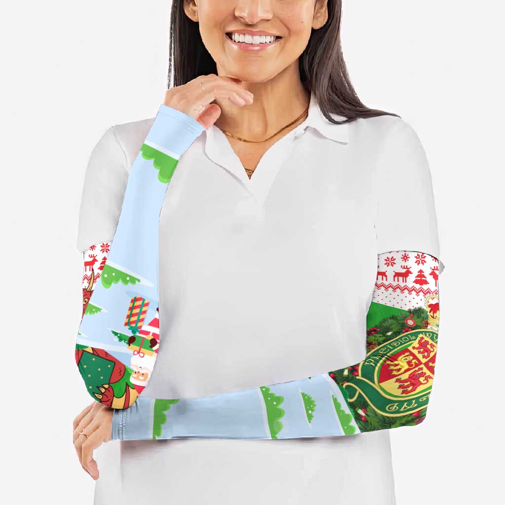 Wales Christmas Arm Sleeves with Red Dragon Gift and Holiday Crest Snow Scene - Wonder Print Shop