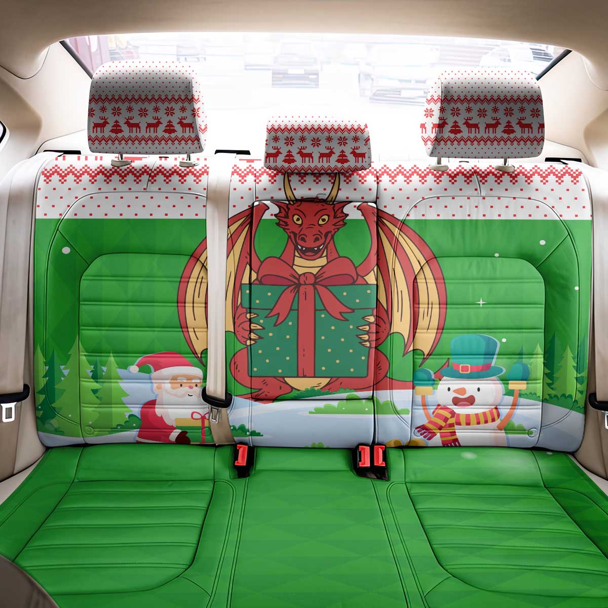 Wales Christmas Back Car Seat Cover with Red Dragon Gift and Holiday Crest Snow Scene - Wonder Print Shop