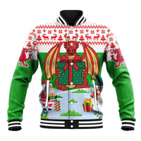 Wales Christmas Baseball Jacket with Red Dragon Gift and Holiday Crest Snow Scene - Wonder Print Shop